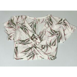 Beige Palm Tree Leaves Twist-Front Short Sleeve Shirt Crop Top Blouse Size S 🌸✨